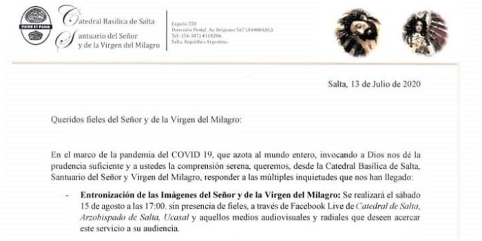 La Iglesia decidió postergar la procesión del Milagro